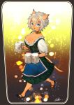  1girl :d adventurer_(ff11) animal_ears apron beer_mug black_footwear blue_apron blue_eyes breasts brown_choker cat_ears cat_girl cat_tail choker cleavage collarbone cup dirndl doraeshi dress facial_mark final_fantasy final_fantasy_xi full_body german_clothes green_dress grey_hair hair_between_eyes highres holding holding_cup medium_breasts mithra_(ff11) mug open_mouth shoes short_hair smile solo tail waist_apron walking whisker_markings white_hair 