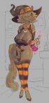  anthro areola areola_slip big_breasts blonde_hair bow_tie breasts brown_body brown_fur clothing equid equine female fur hair hat headgear headwear hi_res horse legwear mammal potion potion_bottle reptilian_orbit solo stockings thigh_highs wide_hips witch_hat 
