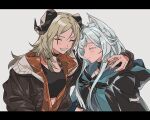  2girls animal_ear_fluff animal_ears arknights black_coat black_gloves black_jacket black_shirt blonde_hair blue_coat blush cat_ears cat_girl closed_mouth coat crop_top demon_girl demon_horns gloves grey_hair grin highres hood hood_down hooded_coat horns hug ifrit_(arknights) infection_monitor_(arknights) jacket letterboxed long_hair medium_hair multicolored_clothes multicolored_coat multicolored_jacket multiple_girls one-armed_hug open_clothes open_coat open_jacket orange_jacket orange_nails rosmontis_(arknights) shirt sirakaro smile upper_body 