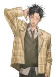  1boy arm_up belt black_hair black_nails black_pants blush commentary extra_eyes facial_tattoo fushiguro_megumi hand_in_pocket highres jacket jujutsu_kaisen long_sleeves looking_to_the_side male_focus necktie pants parted_lips plaid plaid_jacket red_eyes ryoumen_sukuna_(jujutsu_kaisen) school_uniform shirt short_hair tattoo vest white_background white_shirt woshihedawei 