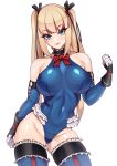  1girl bare_shoulders black_gloves black_ribbon blonde_hair blue_eyes blue_leotard blue_theme bodysuit bow bowtie breasts covered_navel dead_or_alive gloves hair_ribbon highleg highleg_leotard highres large_breasts leotard looking_at_viewer marie_rose red_bow red_bowtie ribbon skin_tight smile solo twintails two-tone_gloves volyz white_gloves 