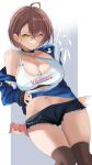  absurdres ahoge azur_lane baltimore_(azur_lane) braid breasts bremerton_(azur_lane) brown_hair choker cleavage hair_between_eyes highres jacket jewelry kirameki_(rikukaikuu) large_breasts looking_at_viewer navel necklace off_shoulder open_clothes open_jacket panda short_shorts shorts thighhighs yellow_eyes 