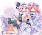  2girls black_hairband blue_eyes blue_headwear blue_kimono breasts closed_mouth commentary_request floral_print frilled_kimono frills ghost green_eyes green_skirt green_vest grey_hair hairband hat highres holding_hands japanese_clothes kemo_chiharu kimono konpaku_youmu konpaku_youmu_(ghost) large_breasts long_sleeves looking_at_viewer medium_hair midriff mob_cap multiple_girls pink_eyes pink_hair red_eyes saigyouji_yuyuko short_hair short_sleeves signature skirt smile touhou triangular_headpiece vest wide_hips youmu_day 