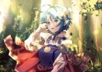  1girl ahoge blue_eyes blue_hair cape crescent crescent_hair_ornament forest hair_ornament highres looking_at_viewer miyama_(lacrima01) nature open_mouth pointy_ears red_cape rena_lanford short_hair smile solo star_ocean star_ocean_the_second_story tree 