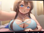  1girl :o bare_arms barefoot bed bed_sheet bedroom blue_eyes blue_shirt blurry blurry_background blush breasts brown_hair collarbone commentary_request curtains disciplinary_committee-chan_(maku_ro) hair_ornament indoors large_breasts long_hair looking_at_viewer lying maku_ro on_back on_stomach open_mouth original outstretched_arm recording shirt sidelocks the_pose viewfinder 