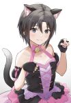  1girl animal_ears antenna_hair arm_scrunchie bare_shoulders bell black_eyes black_gloves black_hair blush breasts cat_ears cat_tail closed_mouth collarbone dress fake_animal_ears fake_tail fingerless_gloves gloves hands_up idolmaster idolmaster_(classic) idolmaster_million_live! idolmaster_million_live!_theater_days jingle_bell kikuchi_makoto layered_dress looking_at_viewer mogskg neck_ribbon paw_pose pink_dress pink_ribbon ribbon short_hair simple_background small_breasts smile solo tail upper_body white_background 
