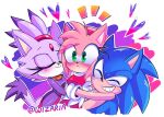  1boy 2girls amy_rose blaze_the_cat blue_fur blush cat_girl cat_tail closed_eyes eyelashes forehead_jewel gloves gold_necklace green_eyes group_hug heart highres hug jacket jewelry multiple_girls necklace pink_fur ponytail purple_jacket smirk sonic_(series) sonic_the_hedgehog tail wizaria yuri 