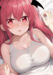  1boy 1girl absurdres bare_shoulders blush breasts cleavage collarbone crossed_bangs from_above hair_between_eyes head_wings hetero highres holding_hands hoshimitooni interlocked_fingers koakuma large_breasts long_hair looking_at_viewer lying on_back open_mouth pov pov_hands red_eyes red_hair sweat touhou upper_body 