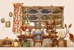  1girl basket blue_dress book bug cup curtains drawing dress floral_print flower from_behind grass indoors jar ladybug lamp leaf minimized mogoshin mouse mouse_tail on_chair original painting_(object) pet purple_flower ribbon shelf snow table tail vase white_ribbon window winter 