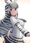  1girl animal_ears animal_print black_hair blush breasts brown_eyes extra_ears highres john_(a2556349) kemono_friends kemono_friends_3 large_breasts long_hair long_sleeves looking_at_viewer multicolored_hair necktie plains_zebra_(kemono_friends) shirt short_sleeves skirt smile solo striped_hair tail two-tone_hair white_hair zebra_ears zebra_girl zebra_print zebra_tail 