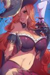  1girl bewitching_miss_fortune breasts candle cleavage day detached_sleeves gloves green_eyes hair_over_one_eye hat himmely large_breasts league_of_legends long_hair miss_fortune_(league_of_legends) navel official_alternate_costume outdoors red_hair shiny_skin solo stomach teeth weapon witch_hat 
