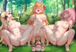  3girls ahegao ayase-mio blonde_hair blush breasts completely_nude crown female_ejaculation hair_ribbon large_breasts long_hair multiple_girls mushroom navel nipples nude open_mouth orange_hair outdoors pecorine_(princess_connect!) pink_hair princess_connect! ribbon saren_(princess_connect!) squatting yui_(princess_connect!) 