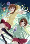  2girls :d :o animal_hood arm_at_side bent black_socks braid breasts brown_footwear brown_hair building can cityscape commentary copyright_name dark drawstring durarara!! falling fang feet_out_of_frame floating_hair glasses glowing green_hoodie hair_between_eyes hiroe_(cosmos_blue-02_421) holding holding_can hood hood_down hood_up hoodie kneehighs knees_up loafers long_hair looking_at_viewer miniskirt multiple_girls night night_sky open_mouth orihara_kururi orihara_mairu outstretched_arms pleated_skirt raised_eyebrows reaching reaching_towards_viewer red-framed_eyewear red_eyes red_skirt road_sign semi-rimless_eyewear shoes short_hair shouting siblings sign single_braid sisters skirt sky skyline skyscraper small_breasts smile socks spray_can spray_paint spread_fingers star_(sky) stop_sign throwing thumbtack translated twins under-rim_eyewear v-shaped_eyebrows yellow_hoodie 