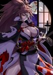  1girl baiken big_hair black_jacket black_kimono breasts eyepatch facial_tattoo full_moon guilty_gear guilty_gear_strive highres holding holding_sword holding_weapon jacket jacket_on_shoulders japanese_clothes kaijin-m kataginu katana kimono large_breasts long_hair long_sleeves looking_at_viewer moon multicolored_clothes multicolored_kimono one-eyed open_clothes open_kimono pink_hair red_eyes samurai scar scar_across_eye scar_on_face sword tassel tattoo torn_sleeve weapon white_kimono 