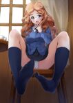  1girl absurdres bc_freedom_school_uniform black_socks blue_eyes blush breasts brown_hair crotch feet from_below girls_und_panzer hand_to_own_mouth highres isabe_(girls_und_panzer) long_hair looking_at_viewer medium_breasts miniskirt on_chair open_mouth panties pleated_skirt sahara1127 school_uniform sitting skirt smile socks solo underwear white_panties window 