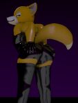  3d_(artwork) absurd_res anthro canid canine clothed clothing digital_media_(artwork) fox fox_mccloud fur gloves handwear hi_res latex latex_clothing male mammal nintendo rubber rubber_clothing shirt simple_background smile solo star_fox tail themeshow101 topwear 
