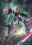  clenched_hand copyright_name glowing glowing_eyes green_eyes gun gundam gundam_00 gundam_arsenal_base gundam_kyrios holding holding_gun holding_weapon laser logo looking_at_viewer mecha no_humans official_art robot science_fiction solo space star_(sky) v-fin weapon yukishiro_chifuyu 