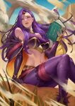  1girl absurdres book breasts commission commissioner_upload earrings feathers fire_emblem fire_emblem_echoes:_shadows_of_valentia fire_emblem_heroes from_below highres jewelry lips long_hair looking_down medium_breasts midriff navel non-web_source official_alternate_costume phamoz pink_eyes purple_eyes purple_hair solo sonya_(fire_emblem) sonya_(resplendent)_(fire_emblem) stomach thighs tiara 
