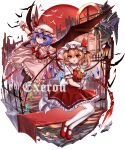  absurdres armor ascot bat_wings blonde_hair blue_hair commentary_request crystal flandre_scarlet full_body hat hat_ribbon highres looking_at_viewer mob_cap one_side_up open_mouth outdoors pink_headwear pink_shirt pink_skirt red_ascot red_eyes red_footwear red_ribbon remilia_scarlet ribbon shirt short_hair short_sleeves siblings signature sisters skirt thighhighs top-exerou touhou white_headwear white_thighhighs wings yellow_ascot 