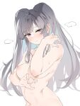  1girl blush breasts closed_mouth completely_nude copyright_request fingernails grey_hair highres karan long_hair looking_at_viewer medium_breasts nipples nude purple_eyes simple_background solo sweat twintails white_background 