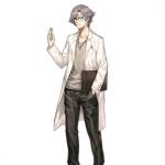  1boy beard_stubble black_pants blue_eyes closed_mouth coat collarbone envelope expressionless feet_out_of_frame girls&#039;_frontline glasses grey_hair hand_in_pocket hand_up holding holding_envelope infukun jewelry lab_coat looking_at_viewer lycoris_(girls&#039;_frontline) male_focus manila_envelope mustache_stubble necklace official_art pants pen_in_pocket sangvis_ferri scientist shirt short_hair simple_background solo standing transparent_background white_coat white_shirt 