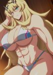  1girl abs bare_shoulders barghest_(fate) barghest_(swimsuit_archer)_(fate) biceps bikini blonde_hair breasts cleavage collarbone fate/grand_order fate_(series) green_eyes hara_(harayutaka) highres horns huge_breasts long_hair looking_at_viewer multicolored_bikini multicolored_clothes muscular muscular_female navel swimsuit white_bikini 