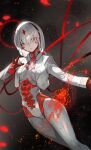  1girl armored_core armored_core_6 ayre_(armored_core_6) breasts cropped_jacket facial_mark forehead_jewel gloves highres jacket lack leotard long_sleeves looking_at_viewer medium_breasts open_clothes open_jacket red_eyes red_gloves short_hair solo thighs white_hair white_jacket white_leotard 