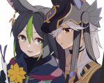  2boys animal_ear_fluff animal_ears animal_hat black_choker black_gloves black_hair black_headwear blush choker cyno_(genshin_impact) earrings flower fox_boy fox_ears genshin_impact gloves green_eyes green_hair grey_hair hair_between_eyes hair_over_one_eye hat holding hood hood_down jewelry long_hair male_focus multiple_boys open_mouth parted_lips red_eyes simple_background single_earring snzisnr tighnari_(genshin_impact) upper_body white_background 