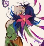  1girl blue_hair chameleon_girl chameleon_tail flower grey_hair hair_flower hair_ornament highres jewelry league_of_legends looking_at_viewer necklace neeko_(league_of_legends) parted_lips purple_lips short_hair simple_background solo standing swept_bangs tail tie_(yoooeeeeeeeeee) upper_body yellow_eyes 