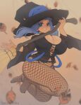  1girl artist_name barefoot black_headwear black_shirt blue_eyes blue_hair breasts broom cleavage fishnets full_body hat highres holding holding_broom large_breasts leaf long_hair long_sleeves looking_at_viewer original sandcasks shirt simple_background smile solo teeth wide_sleeves witch witch_hat yellow_background 