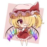  1girl absurdres arms_behind_back blonde_hair chibi crystal flandre_scarlet full_body hair_over_one_eye hat hat_ribbon highres looking_at_viewer medium_hair misosiru_0224 mob_cap neck_ribbon one_side_up open_mouth pink_background pink_headwear red_eyes red_ribbon red_skirt red_vest ribbon sharp_teeth shirt short_sleeves skirt smile socks solo teeth touhou vest white_background white_shirt white_socks wings yellow_ribbon 