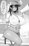  1girl bangs bare_shoulders blush breasts collarbone commentary_request covered_nipples greyscale grin holding huge_breasts looking_at_viewer medium_hair monochrome navel_piercing noripachi off_shoulder original outdoors parted_lips piercing short_sleeves smile solo teeth thighs translation_request whistle whistle_around_neck 