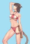  1girl animal_ears arm_up avatar_(ff11) bare_arms bare_shoulders bikini black_hairband blue_eyes breasts brown_hair brown_tail cactus41747280 cat_ears cat_girl cat_tail choker collarbone final_fantasy final_fantasy_xi hairband halterneck highres light_blue_background medium_breasts medium_hair midriff mithra_(ff11) navel open_mouth pink_bikini pink_choker solo swimsuit tail two-tone_bikini two-tone_choker white_bikini white_choker 