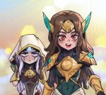  2girls :d black_bodysuit blush bodysuit breasts brown_hair covered_navel d: day diana_(league_of_legends) facial_mark forehead_mark gloves gold_armor hair_ornament hands_up league_of_legends leona_(league_of_legends) long_hair multiple_girls outdoors phantom_ix_row red_eyes shoulder_plates shurima_(league_of_legends) smile sun sweat teeth upper_teeth_only 