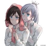  2girls artist_name black_hair blue_eyes blush earrings hand_on_another&#039;s_head hand_on_another&#039;s_shoulder highres jewelry kio_rojine long_sleeves multiple_girls ruby_rose rwby scar scar_across_eye shirt short_hair side_ponytail tiara towel towel_on_head weiss_schnee wet wet_clothes wet_hair wet_shirt white_background white_hair 
