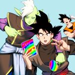  4boys arm_around_shoulder black_eyes black_hair blue_background book closed_eyes closed_mouth colored_skin crossed_arms dragon_ball dragon_ball_super earrings gloves goku_black green_skin hand_fan highres holding holding_book holding_fan jewelry long_sleeves middle_finger mohawk multiple_boys muscular muscular_male open_mouth out_of_frame pointing pointing_at_another pointy_ears simple_background single_earring smile son_goku spiked_hair supobi teeth v vegeta white_gloves white_hair zamasu 