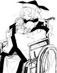  3girls aged_down baby closed_eyes garnetelegy greyscale hat highres long_hair matara_okina monochrome multiple_girls nishida_satono open_mouth short_hair simple_background sitting smile tabard teireida_mai touhou wheelchair white_background wide_sleeves 