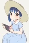  1girl aoyama_kotoha_(mitsuboshi_colors) blue_dress blue_hair brown_eyes brown_headwear collared_dress commentary_request dot_mouth dot_nose dress grey_background handheld_game_console hat highres holding holding_handheld_game_console katsuwo_(cr66g) light_blush looking_at_viewer medium_hair mitsuboshi_colors nintendo_switch short_sleeves simple_background sitting solo sun_hat 