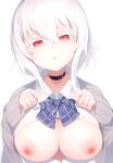  1girl akira_(otokuyou) breasts breasts_out cardigan choker hair_between_eyes highres neck_ribbon nipples open_mouth original otokuyou red_eyes ribbon school_uniform short_hair simple_background sleeves_past_wrists solo white_background white_hair 