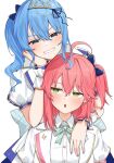  2girls absurdres ahoge ai_(u_e_o_o) blue_eyes blue_hair blue_ribbon blush bow bowtie green_eyes grin hair_between_eyes hair_ornament hair_ribbon highres hololive hololive_idol_uniform_(bright) hoshimachi_suisei idol_clothes jacket long_hair looking_at_viewer medium_hair multiple_girls one_side_up open_mouth pink_hair puffy_short_sleeves puffy_sleeves ribbon sakura_miko shirt short_sleeves side_ponytail smile star_(symbol) star_in_eye symbol_in_eye virtual_youtuber white_background white_jacket white_shirt 