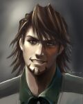  1boy brown_eyes brown_hair collared_shirt commentary_request dated facial_hair greenteaa grey_background grin hair_between_eyes looking_at_viewer male_focus medium_hair portrait shirt signature smile solo teeth tiger_&amp;_bunny wild_tiger 