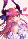  1girl ;d aqua_eyes bare_shoulders elizabeth_bathory_(fate) fang fate/extra fate_(series) heart horns long_hair minami_ikkei one_eye_closed pink_hair pink_nails pointing pointing_at_self pointy_ears smile solo 