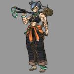  1girl alternate_costume alternate_hairstyle antennae arthropod_girl barefoot black_vest centipede_girl crotchless crotchless_pants full_body grey_hair highres himemushi_momoyo holding holding_pickaxe holding_shovel jacket jewelry kaibootsu looking_at_viewer midriff multiple_rings muscular muscular_female orange_jacket pants pickaxe pointy_ears ring scar scar_on_cheek scar_on_face scared sharp_teeth short_hair shovel slit_pupils solo standing teeth touhou vest yellow_eyes 