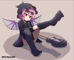  1girl alternate_costume bird_wings black_headwear black_thighhighs choujuu_gigaku closed_mouth commentary commission electric_guitar english_commentary eyewear_on_head ferdy&#039;s_lab full_body guitar hat highres instrument mob_cap mystia_lorelei pink_eyes pink_hair short_hair sitting smile solo sunglasses thighhighs touhou wings 