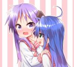  2girls :3 black_bow black_ribbon blue_hair blush bow cheek_poking green_eyes hiiragi_kagami izumi_konata long_hair lucky_star multiple_girls open_mouth poking purple_eyes purple_hair red_serafuku ribbon school_uniform serafuku twintails urushi_(2634334) 