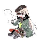  ... ^^^ absurdres beret blonde_hair boots broken_eyewear brown_bag brown_footwear brown_shirt chewing_gum commentary crossed_legs dbeod128 eyewear_removed full_body fur-trimmed_jacket fur_trim girls&#039;_frontline giving_up_the_ghost green_jacket hair_ornament hairclip half-closed_eyes hat highres holding holding_cloth holding_eyewear jacket korean_commentary korean_text long_hair mod3_(girls&#039;_frontline) open_mouth pouch red_eyes red_thighhighs round_eyewear shirt simple_background sitting sketch skull_ornament spoken_ellipsis sweat sweating_profusely tears thighhighs translation_request turn_pale type_80_(girls&#039;_frontline) very_long_hair wavy_mouth white_background 