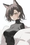  1girl 2naom8q6gt87292 :/ animal_ears arknights black_shirt blush breasts brown_hair dot_nose extra_ears hair_between_eyes highres large_breasts looking_at_viewer medium_hair mole_above_eye mole_on_forehead penance_(arknights) shirt simple_background solo turtleneck white_background wolf_ears wolf_girl yellow_eyes 