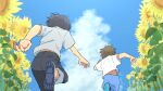  2boys back_peek black_hair black_pants blue_footwear blue_shorts blue_sky brown_hair cloud day field flower from_below highres kojiro337 male_child male_focus median_furrow multiple_boys original outdoors pants running shirt shoe_soles shoes short_hair short_sleeves shorts sky sneakers sunflower t-shirt white_shirt wind wind_lift 