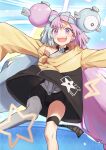  1girl :d bike_shorts blush character_hair_ornament commentary_request green_hair grey_vest hair_ornament happy highres iono_(pokemon) jacket long_hair open_mouth outstretched_arms pokemon pokemon_(game) pokemon_sv purple_eyes purple_hair sharp_teeth single_leg_pantyhose smile solo starheart teeth thigh_strap twintails vest yellow_jacket 