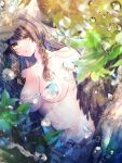  1girl aura_venefika blurry blurry_foreground braid breasts brown_eyes brown_hair brown_wings copyright_name dairoku_ryouhei day harpy highres leg_tattoo looking_at_viewer mayoko_na_kuroneko medium_breasts monster_girl navel nude outdoors solo standing tattoo twin_braids water_drop wet winged_arms wings 